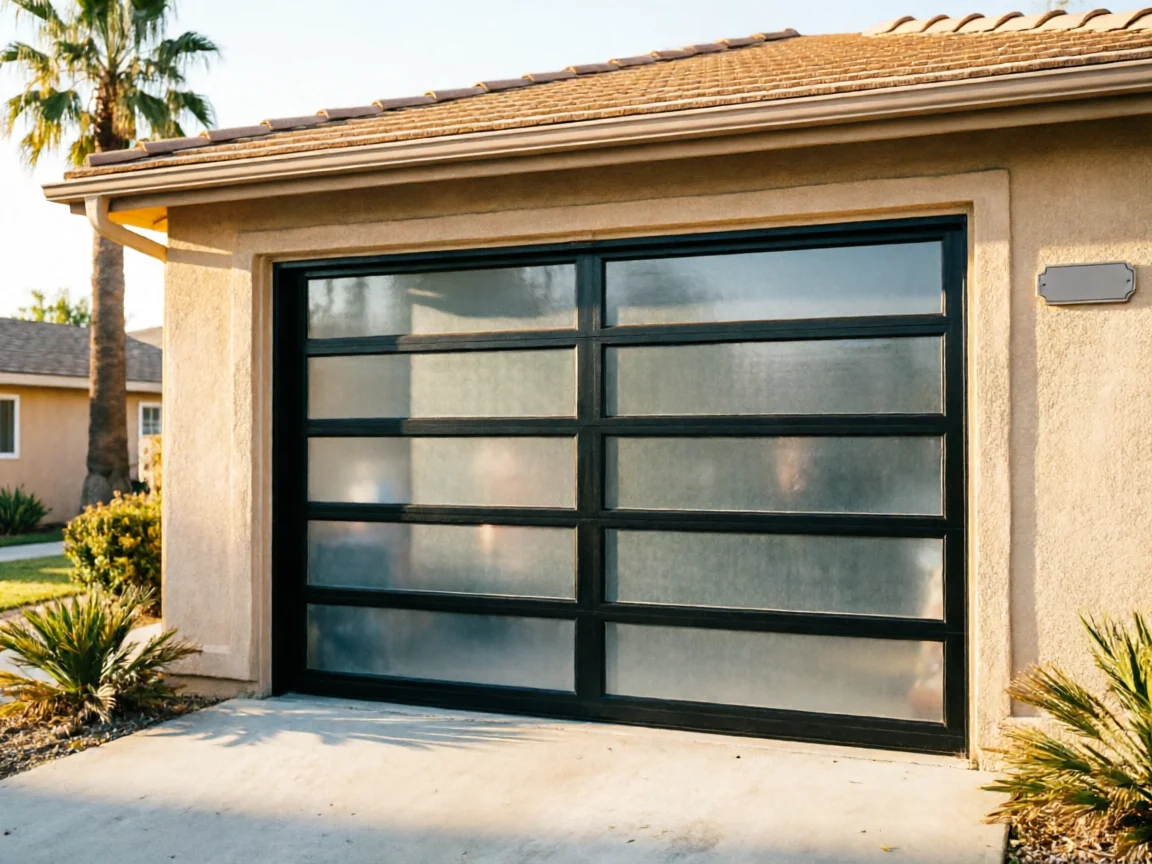 A modern garage door with frosted glass panels and a black frame.