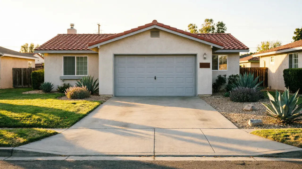 The house has a gray garage door, a concrete driveway, and a red tile roof.