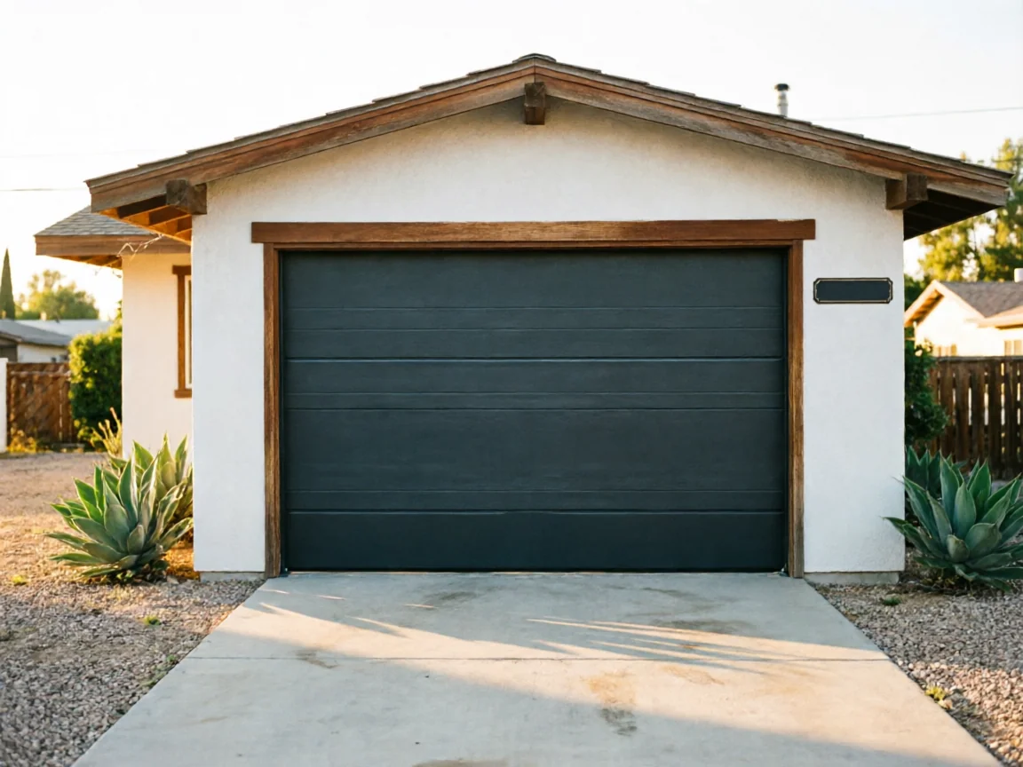 A dark gray garage door on a white stucco garage with a concrete driveway.