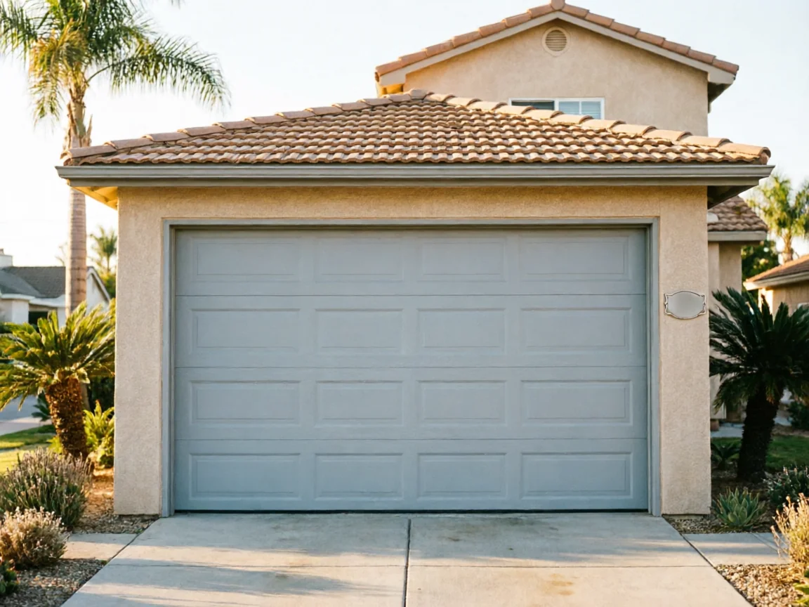 A light gray garage door on a tan house with a tiled roof.