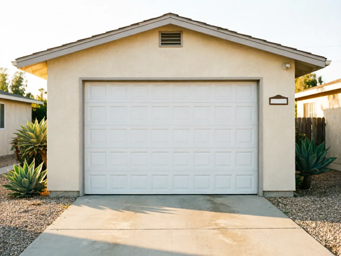 The garage door is white and paneled on a beige house with a concrete driveway.